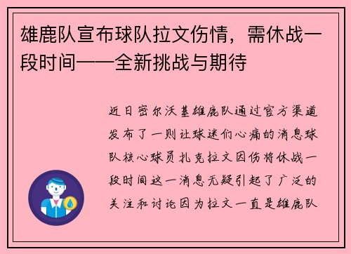 雄鹿队宣布球队拉文伤情，需休战一段时间——全新挑战与期待